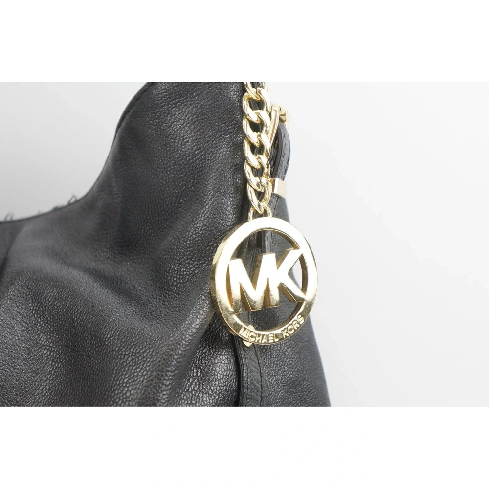 Michael Kors Uptown Shoulder Bag Black Pebbled Leather Gold Studded Hobo EUC